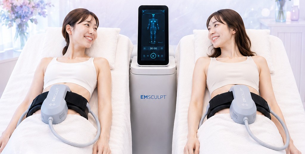 エムスカルプトの専用パッドを装着し、1台の機器を挟んで並んで施術を受ける2人の女性