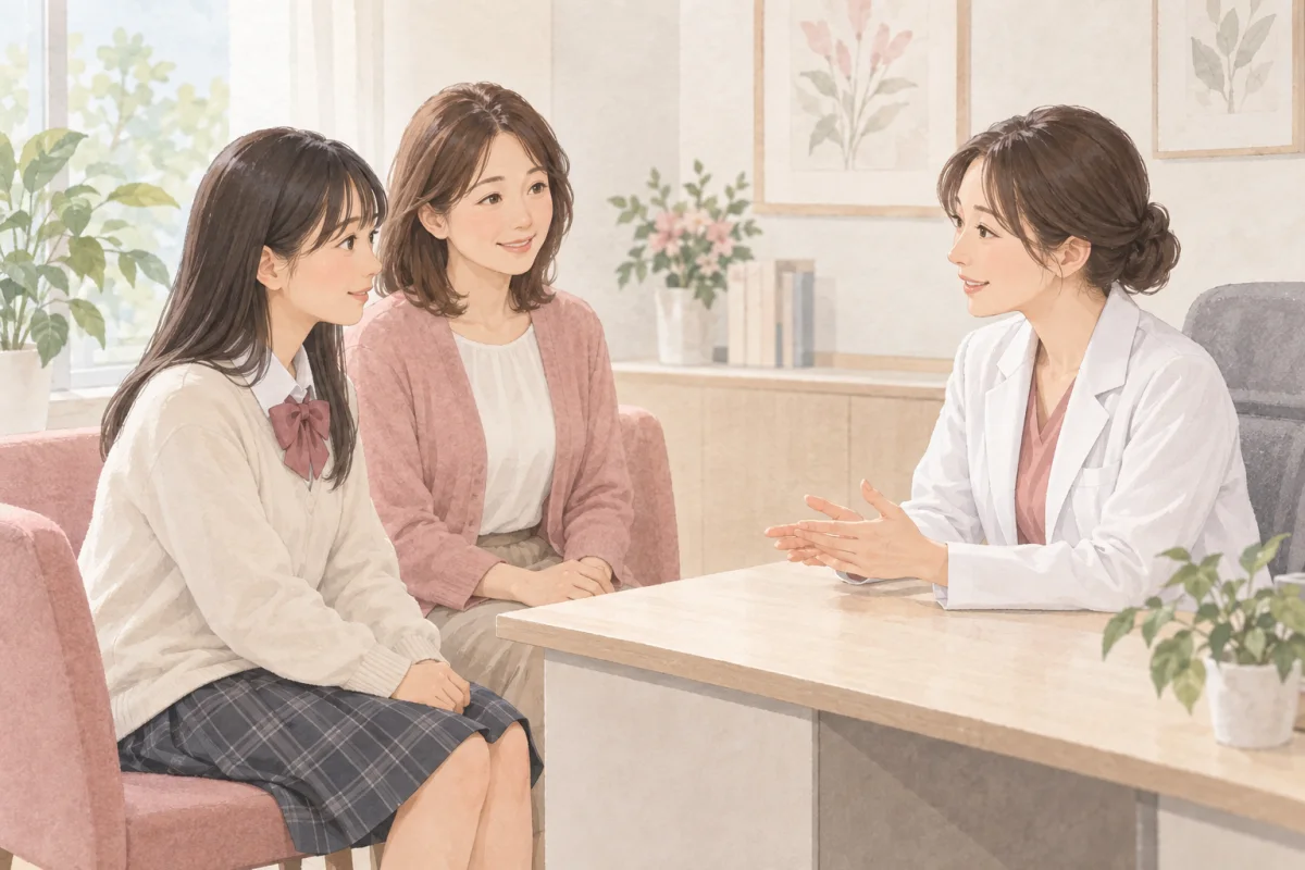 婦人科医に月経の悩みを相談する受験生と保護者のイラスト