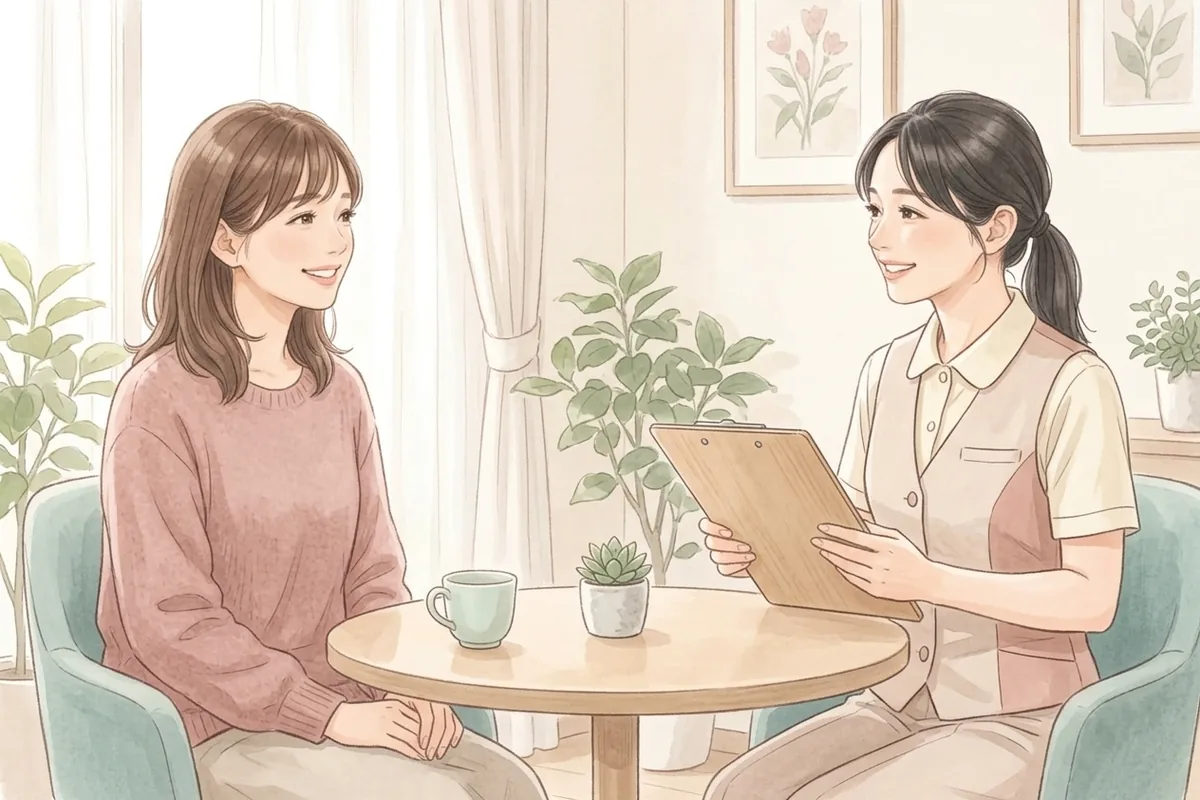 クリニックのスタッフと笑顔で相談する女性のイラスト