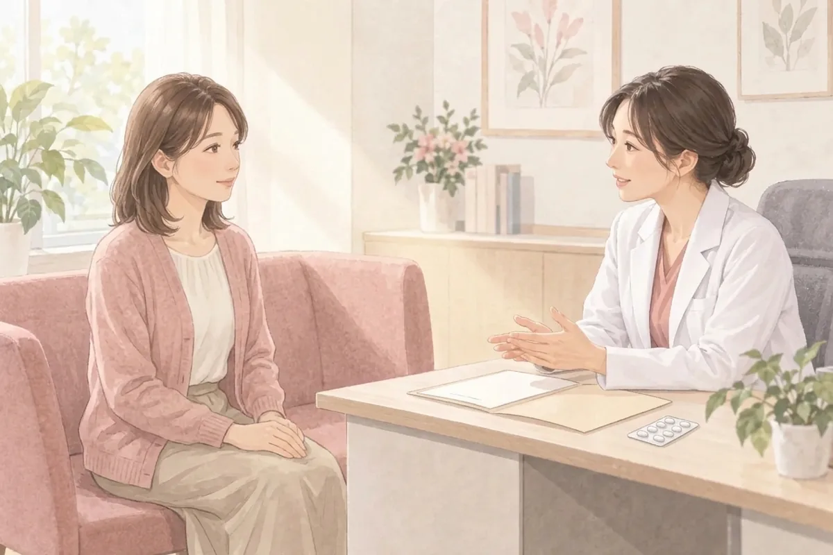 明るい診察室で女性医師から治験について穏やかに説明を受ける女性のイラスト